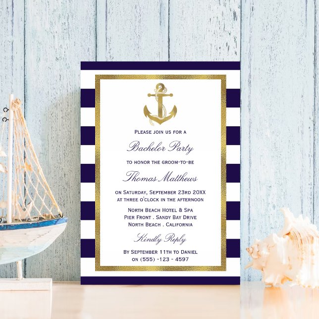 Invitation Nautical Anchor Navy Stripe Beach Bachelor Party (Créateur téléchargé)