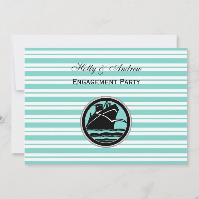 Invitation Nautical Bateau Lt Bleu Blanc Rayure H Fiançailles (Devant)