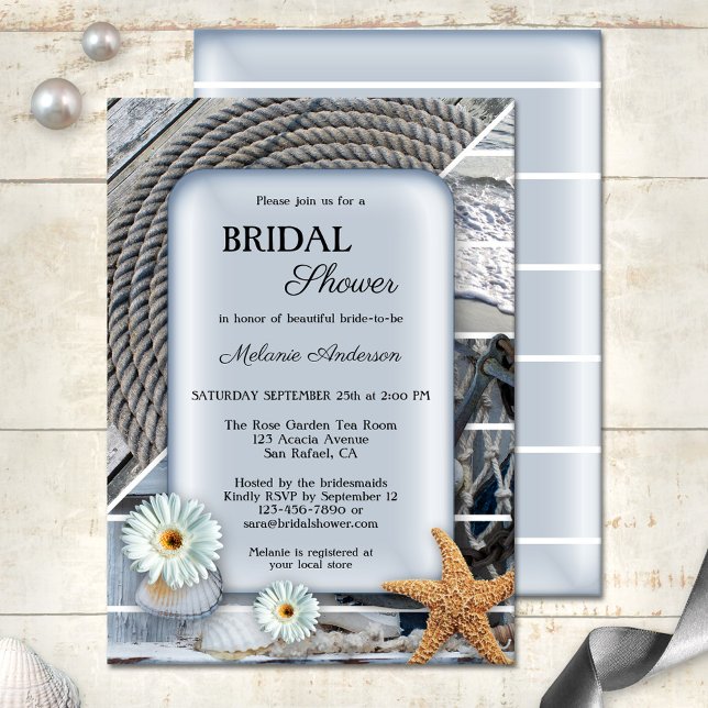 Invitation Nautical Beach Boho Blue Bridal Showeuse Invitatio (Dusty blue bridal shower invitation showing a nautical design with ropes, starfish and shells)