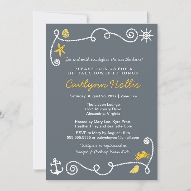 Invitation Nautical Beach Gray & Yellow Bridal ou Baby shower (Devant)