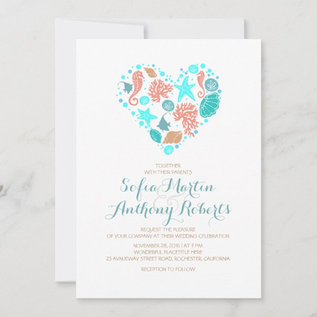 Invitation Nautical Beach Heart - Ocean Treasures Mariage (Devant)