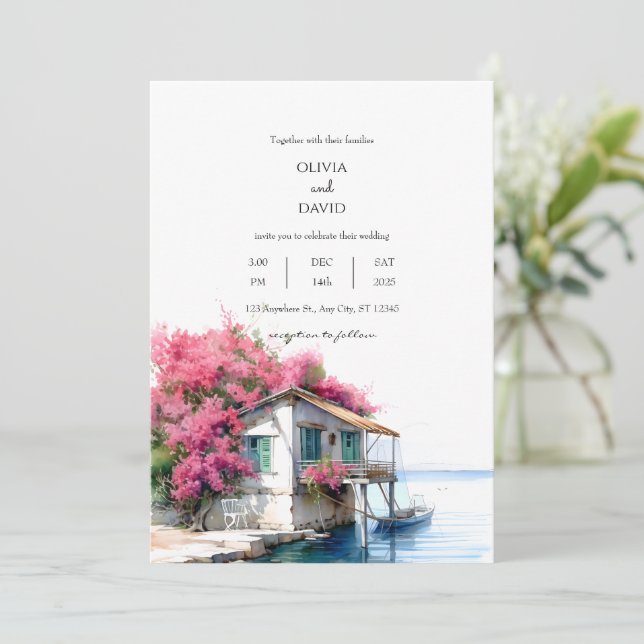 Invitation Nautical Beach House Avec Mariage Aquarelle Bateau (Debout devant)