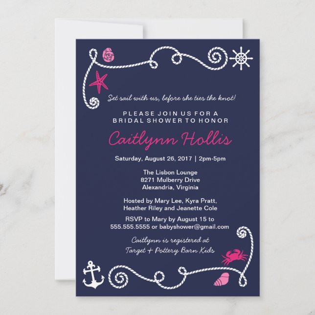 Invitation Nautical Beach Navy et rose nuptiale ou Baby showe (Devant)