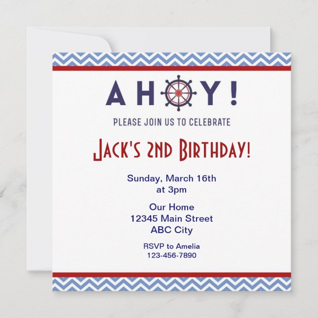 Invitation Nautical Blue and Red Birthday Party (Devant)