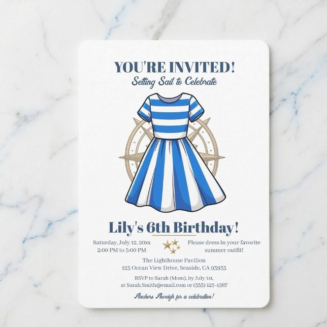 Invitation Nautical Blue And White Sailor Dress Party Invite (Gather your crew for a special birthday.)