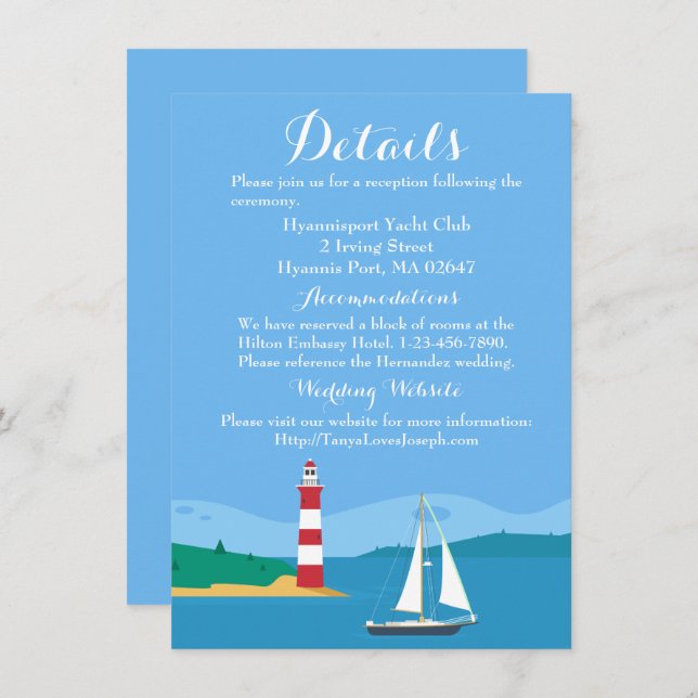 Invitation Nautical Blue Détails Mariage Lighthouse Voilier (Devant / Derrière)