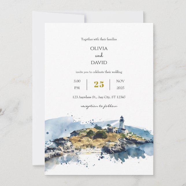 Invitation Nautical Blue Lighthouse Watercolor Beach Mariage (Devant)