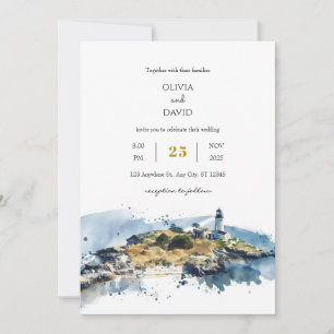 Invitation Nautical Blue Lighthouse Watercolor Beach Mariage