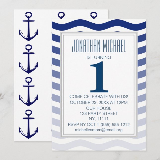 Invitation Nautical Blue Ombre Vague Ancre premier anniversai (Devant / Derrière)