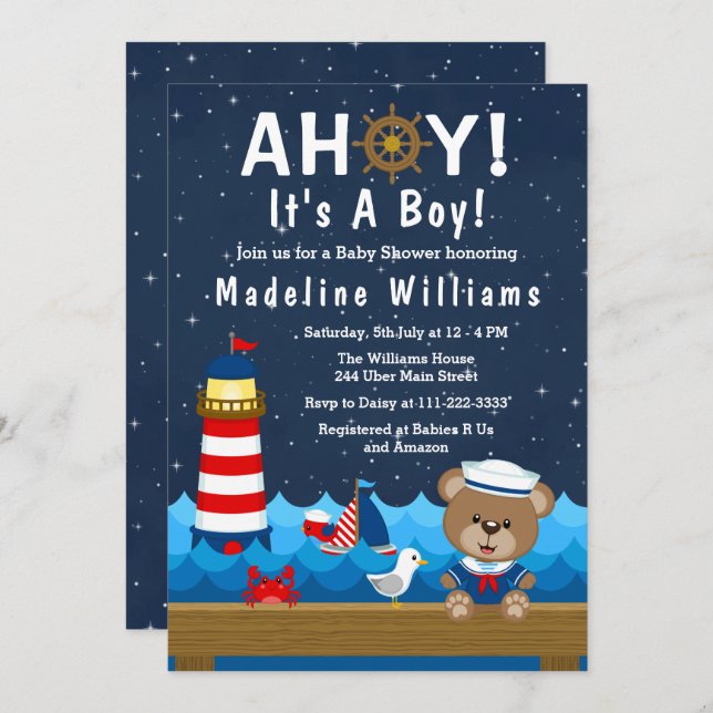 Invitation Nautical Boy Bear Baby shower rouge et marine (Devant / Derrière)