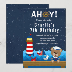 Invitation Nautical Boy Bear Rouge et Marine Anniversaire Par