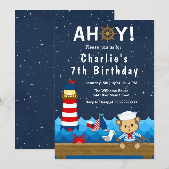 Invitation Nautical Boy Monkey Red et Navy Anniversaire (Devant / Derrière)