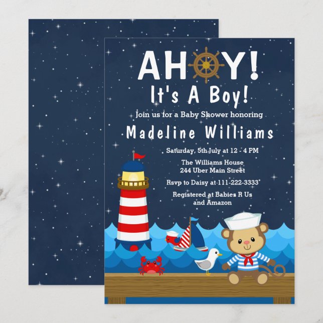 Invitation Nautical Boy Monkey Rouge et Baby shower de marine (Devant / Derrière)