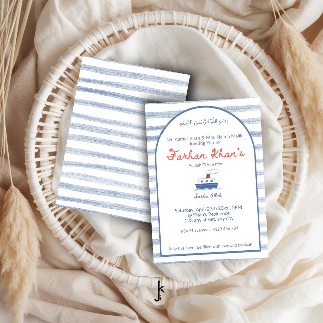 Invitation Nautical Coastal Blue Boat Stripe Baby Boy Aqiqah (Créateur téléchargé)