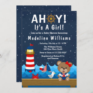 Invitation Nautical Girl Bear Baby shower rouge et marine