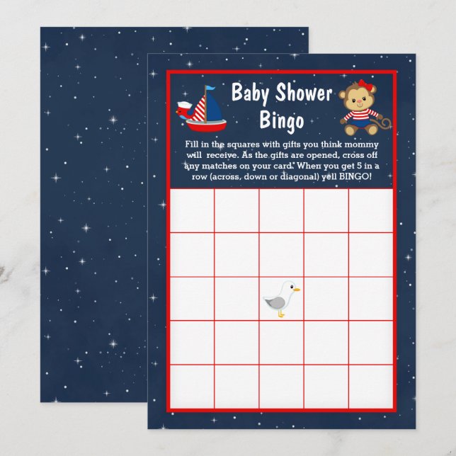 Invitation Nautical Girl Monkey Red et Navy Baby Bingo (Devant / Derrière)