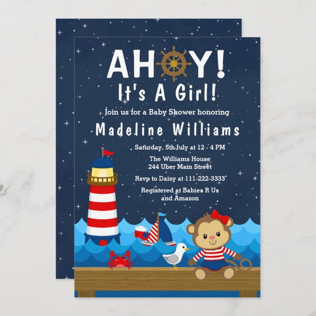 Invitation Nautical Girl Monkey Rouge et Baby shower de marin (Devant / Derrière)