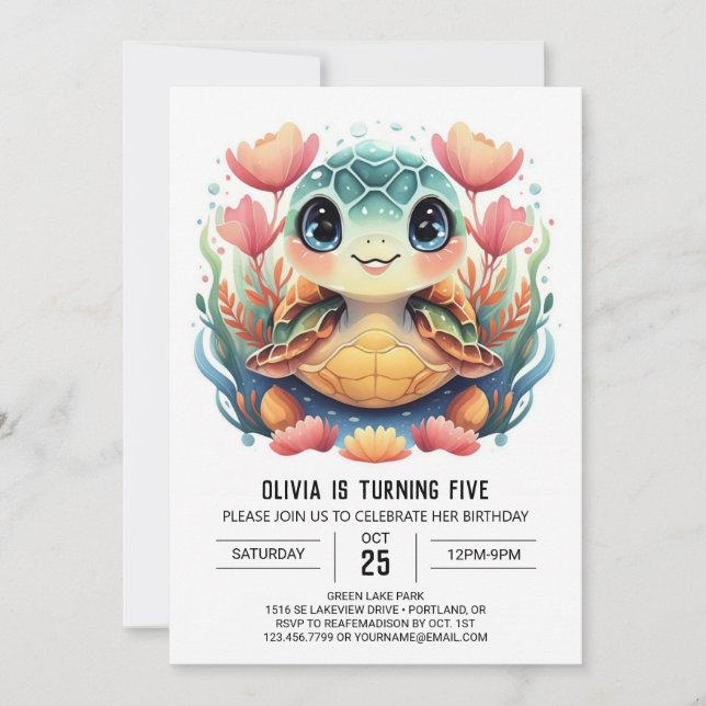 Invitation Nautical Happy Turtle Girl Anniversaire (Devant)