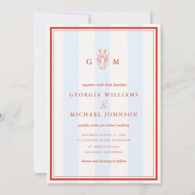 Invitation Nautical Monogram Red Blue Lobster Coastal Wedding (Devant)