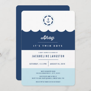 Invitation Nautical Navy Ahoy Twin Boys Baby shower Invitatio