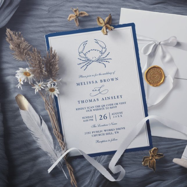 Invitation Nautical Navy Blue Crab Beach QR Code Wedding (Créateur téléchargé)
