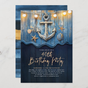 Invitation Nautical Navy Blue & Gold Ancre fête d'anniversair