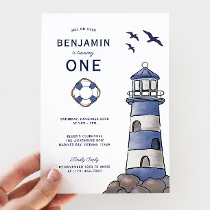 Invitation Nautical Navy Blue Phare Côtière 1er Anniversaire