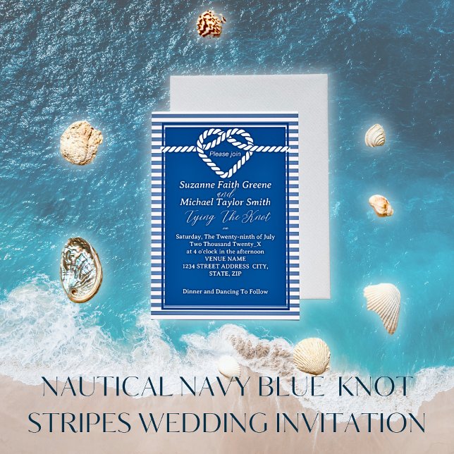 Invitation Nautical Navy Blue Tying Knot Stripes Mariage  (Créateur téléchargé)