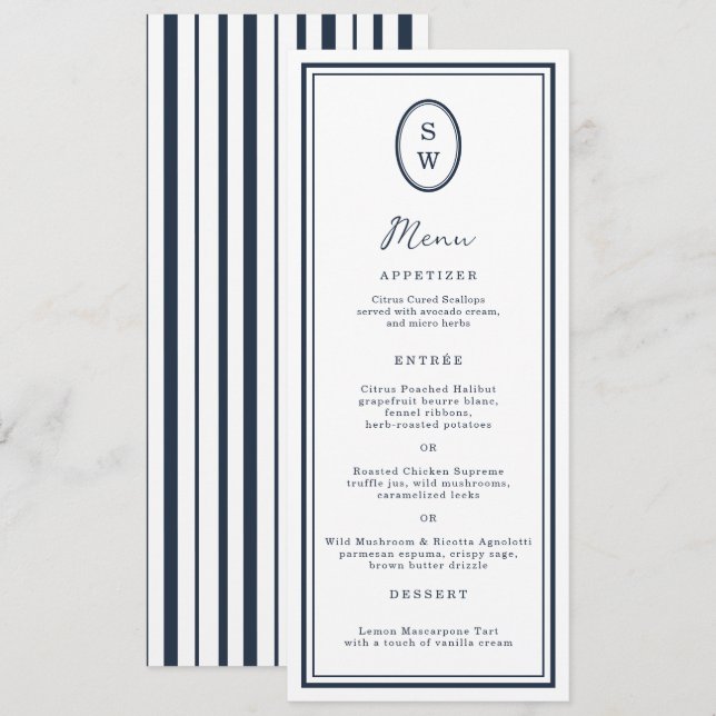 Invitation Nautical Navy Monogram Long Wedding Menu Card (Devant / Derrière)