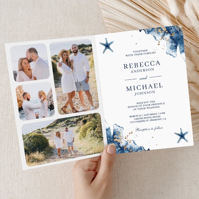 Invitation Nautical Navy Starfish All in One QR Code Wedding (Créateur téléchargé)