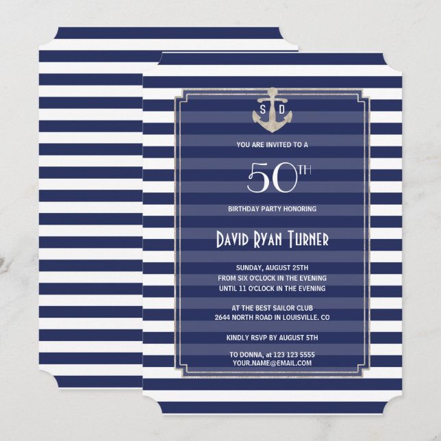 Invitation Nautical Navy Stripes Silver 50e fête d'anniversai (Devant / Derrière)