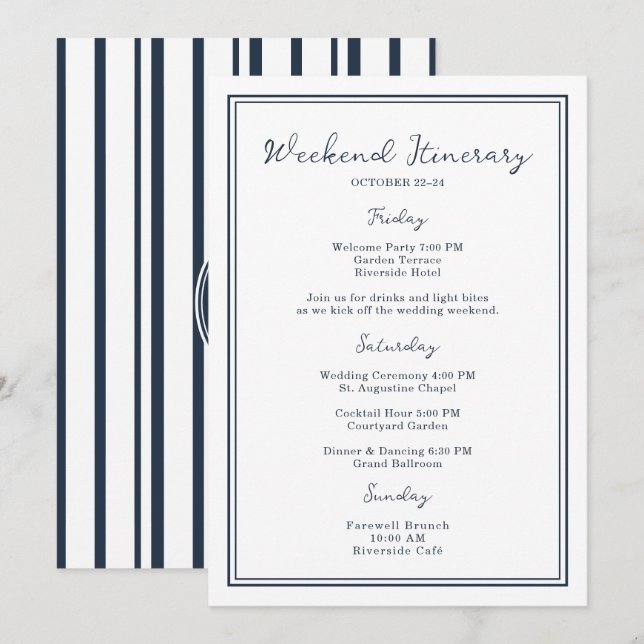 Invitation Nautical Navy Wedding Weekend Itinerary Card (Devant / Derrière)