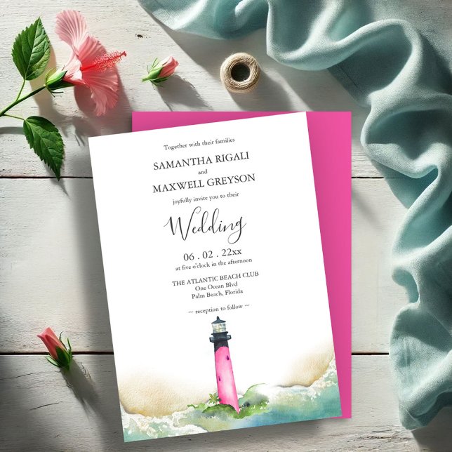 Invitation Nautical Pink Lighthouse Beach Destination Mariage (Créateur téléchargé)