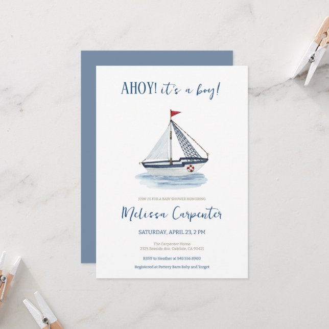 Invitation Nautical Sailboat Ahoy c'est un Baby shower garçon (Devant/Arrière en situation)