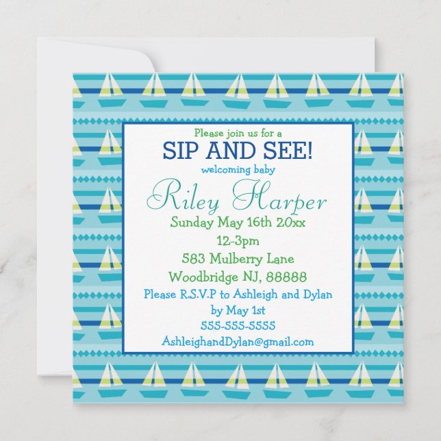 Invitation Nautical Sailboat bébé Sip and See (Devant)