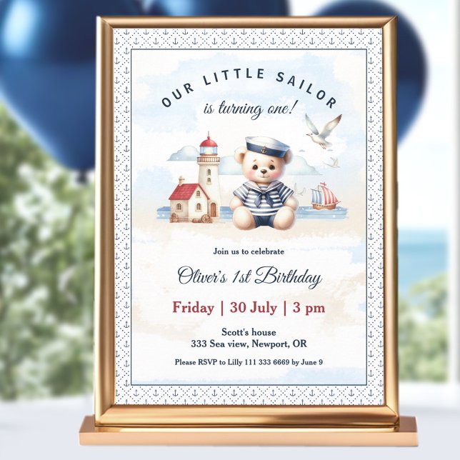 Invitation Nautical Sailor Cute Bear 1er anniversaire Invitat (Nautical Sailor Cute Bear 1st Birthday Invitation)