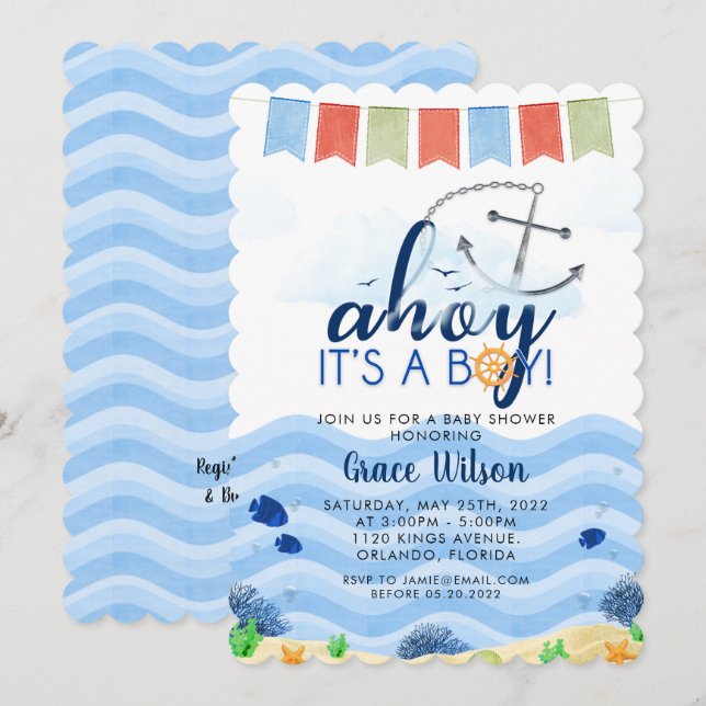 Invitation Nautical Sea Ahoy C'est un garçon Baby shower Invi (Devant / Derrière)