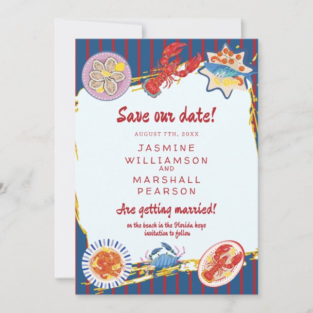 Invitation Nautical Seafood Stripe Save Our Date (Devant)