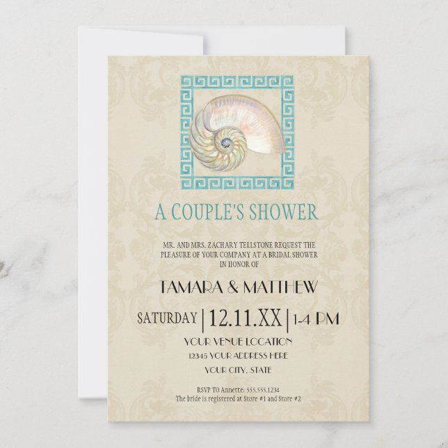 Invitation Nautilus Shell aquarelle grecque clé Damask plage (Devant)