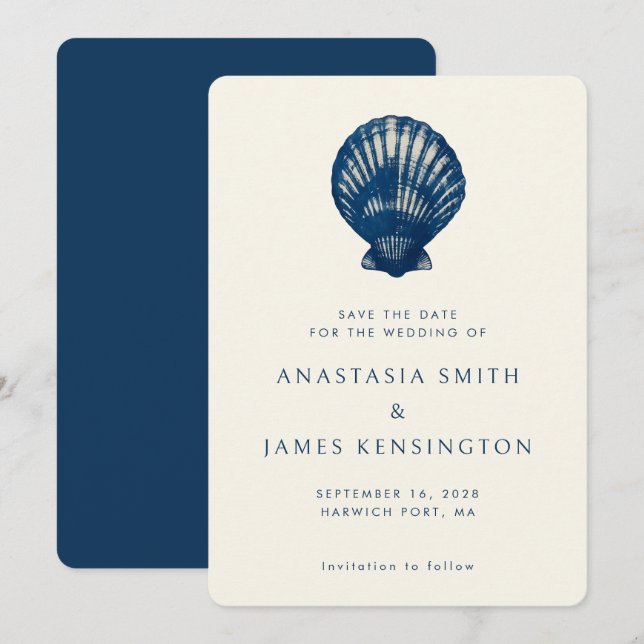 Invitation Nautique Bleu Coquille de mer élégant Mariage mode (Devant / Derrière)