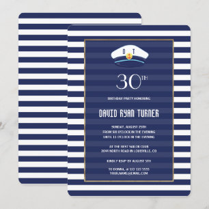Invitation Nautique Bleu Stripes Gold Anniversaire