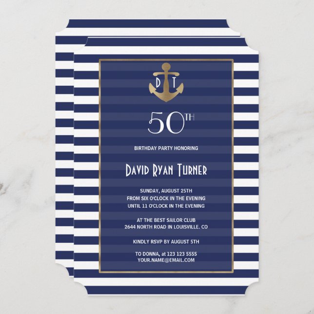 Invitation Nautique Bleu Stripes Gold Anniversaire (Devant / Derrière)