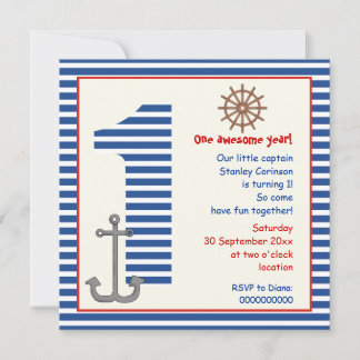 Invitation Nautique bleu, voilier blanc 1ère fête d'anniversa