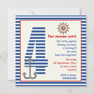 Invitation Nautique bleu, voilier blanc 4e anniversaire fête