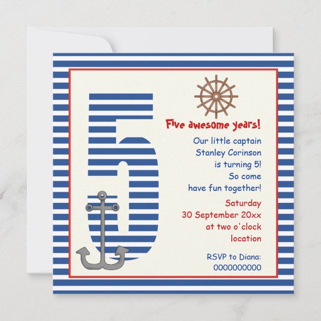 Invitation Nautique bleu, voilier blanc 5e anniversaire fête (Devant)