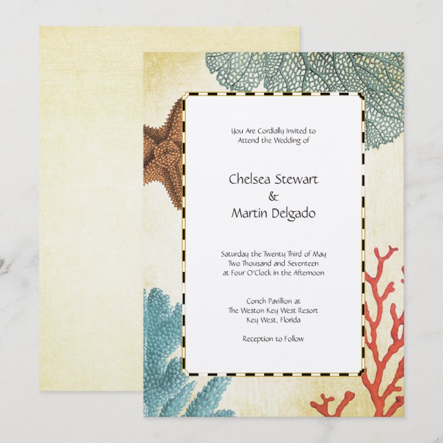 Invitation Nautique caraïbe Starfish Rustic Map et Coral 2 (Devant / Derrière)