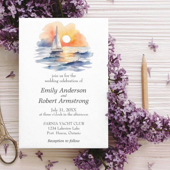 Invitation Nautique Coucher de soleil Couleur d'eau été Océan (Watercolor Sailboat Sunset Seascape Wedding Suite Perfect for destination weddings, seaside weddings)