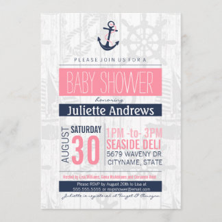 Invitation nautique de baby shower, bleu rose de