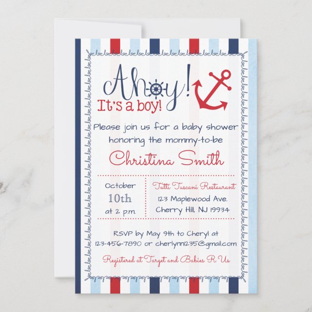 Invitation nautique de baby shower pour un garçon (Devant)