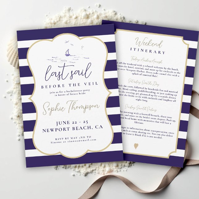 Invitation Nautique Dernier voilier Elegant Bachelorette Part (nauti nautical bachelorette party invitation coastal beach yacht boat sailing stripes elegant)